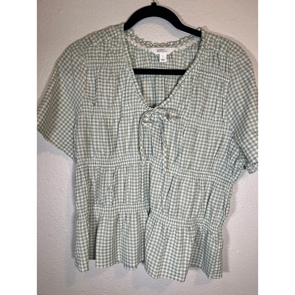 Gingham Peplum Top L Blouse Sage Green Tie Front Smocked Tiered New Cottagecore
